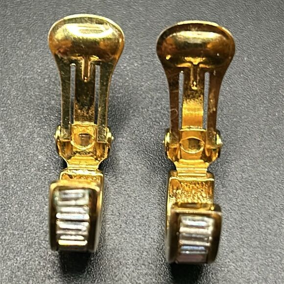 VTG Christian Dior Rhinestone Baguette Gold Half Hoops Clip Ons - Picture 11 of 12